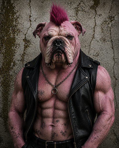 Pinke Bulldogge The Leatherboy mit Irokesenschnitt, Piercings und schwarzer Lederweste vor rauer Betonwand