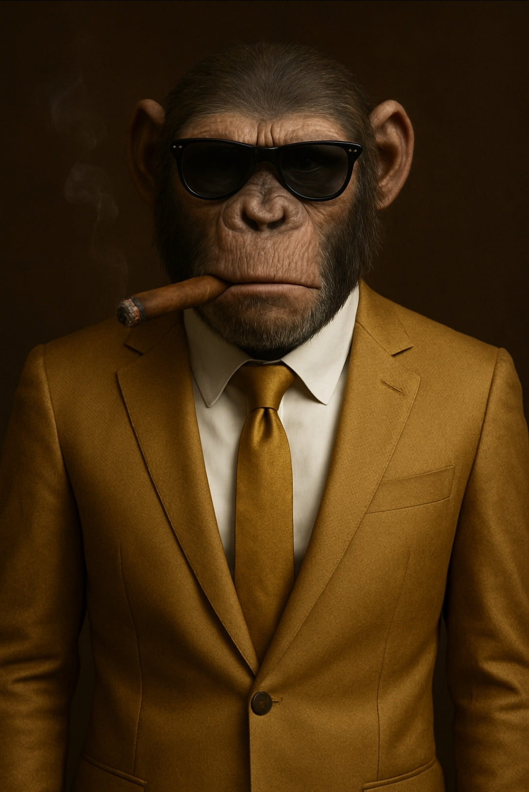 Schimpanse mit Zigarre im goldenen Anzug als fotorealistisches Tierporträt auf hochwertigem Kunstposter.