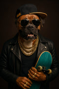 Boxerhund mit Lederjacke, Sonnenbrille, Baseballcap, Goldketten und Skateboard als modernes Tierporträt auf hochwertigem Kunstposter.