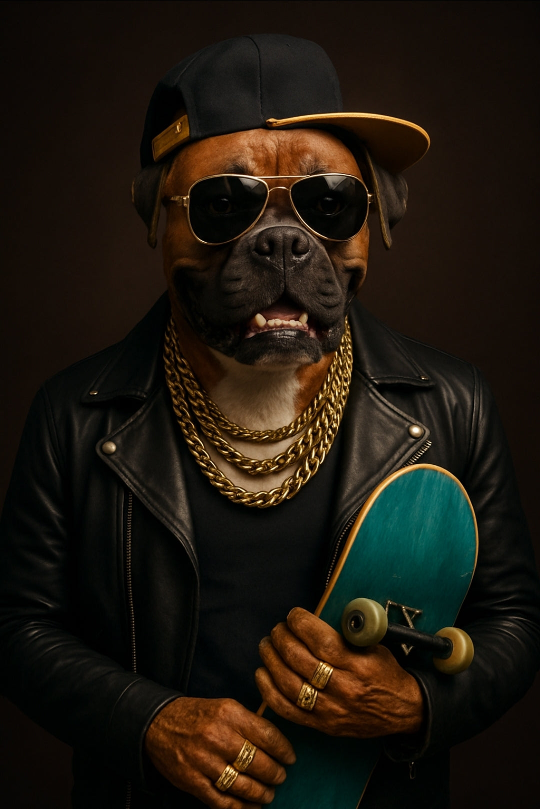 Boxerhund mit Lederjacke, Sonnenbrille, Baseballcap, Goldketten und Skateboard als modernes Tierporträt auf hochwertigem Kunstposter.