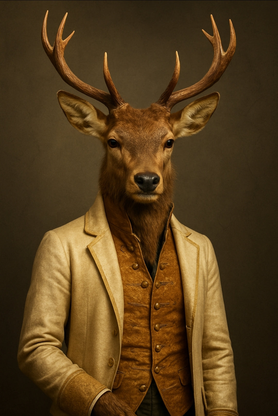 Eleganter Hirsch im klassischen Mantel als stilvolles Tierporträt auf hochwertigem Kunstposter mit imposantem Geweih.