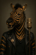 Zebra mit Lederjacke und Vintage-Mikrofon als stilvolles Tierporträt auf hochwertigem Kunstposter.