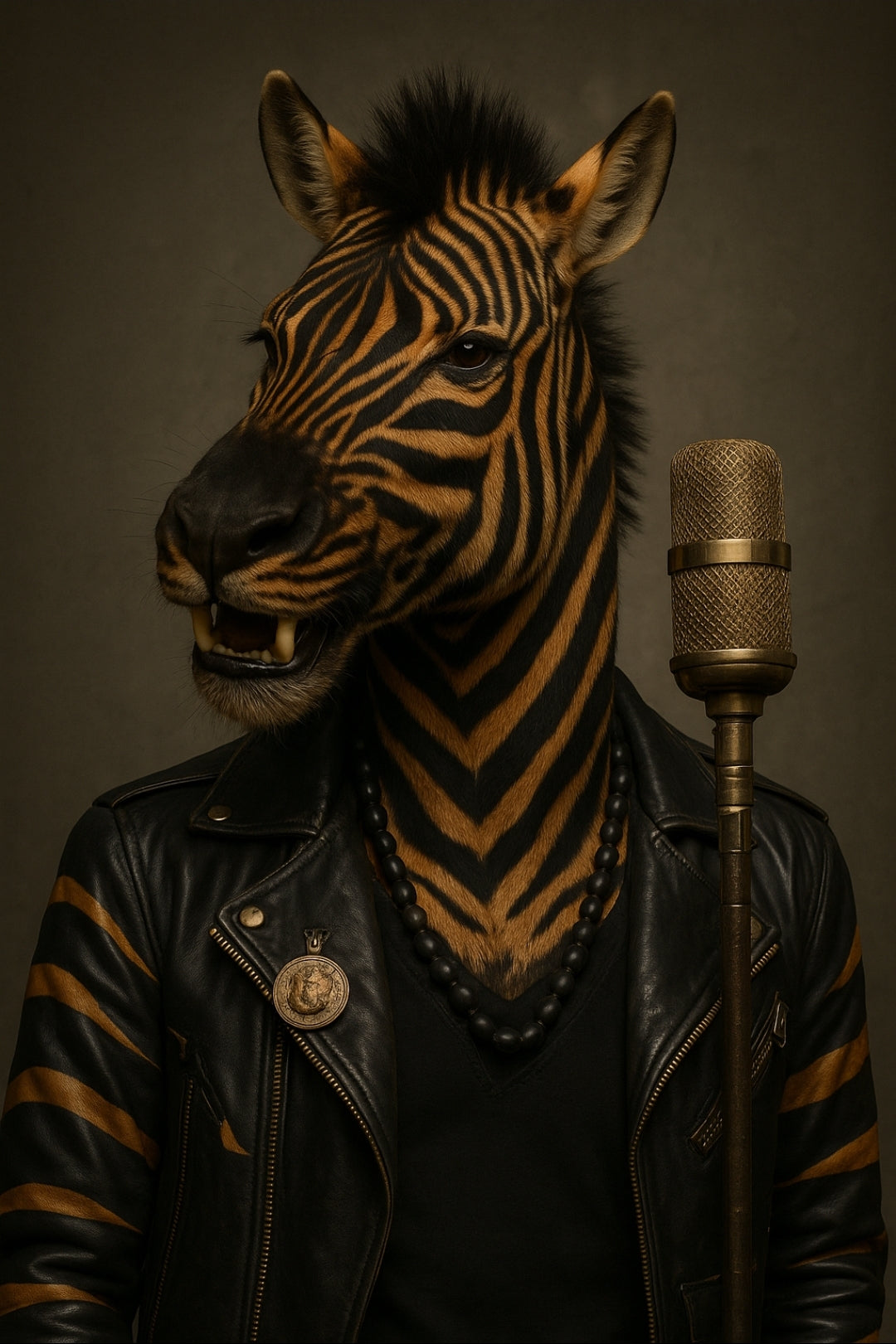 Zebra mit Lederjacke und Vintage-Mikrofon als stilvolles Tierporträt auf hochwertigem Kunstposter.
