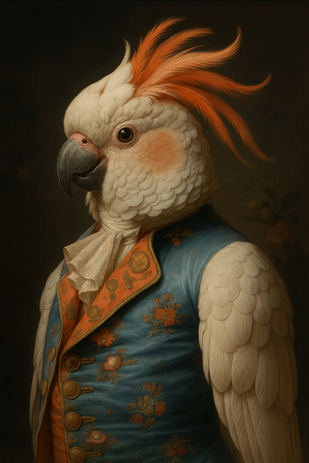 Weißer Kakadu im barocken blauen Gehrock mit orangefarbener Federhaube als elegantes Tierporträt auf hochwertigem Kunstposter.