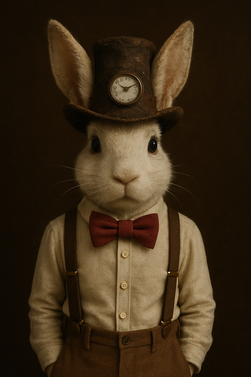 Weißer Hase mit Zylinder, Taschenuhr und roter Fliege als elegantes Vintage-Tierporträt auf hochwertigem Kunstposter.